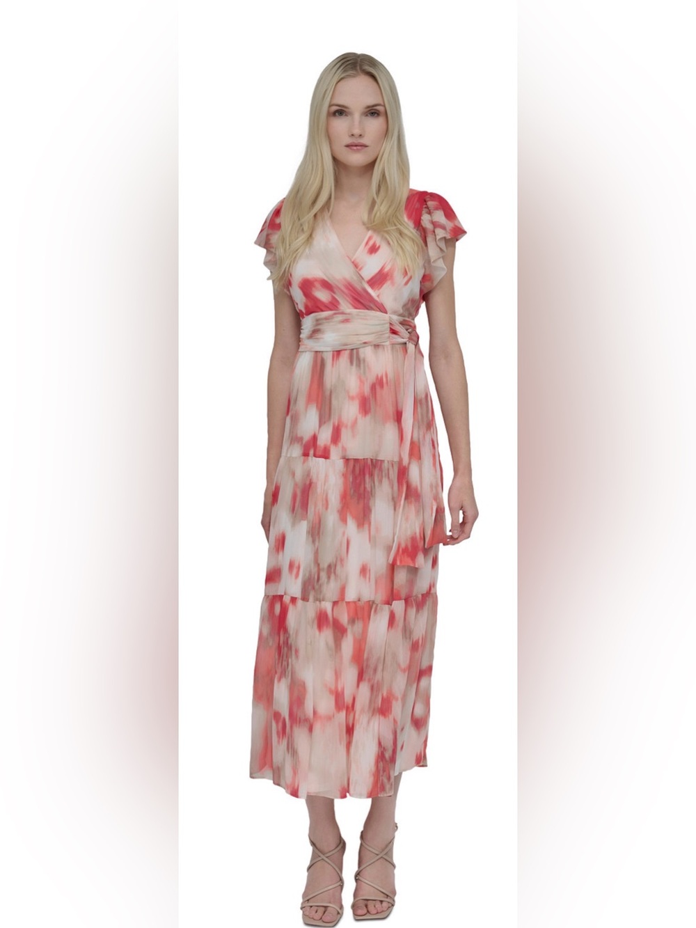 New size 6 DKNY Women's Printed Flutter-Sleeve Tie-Waist Maxi Dress
